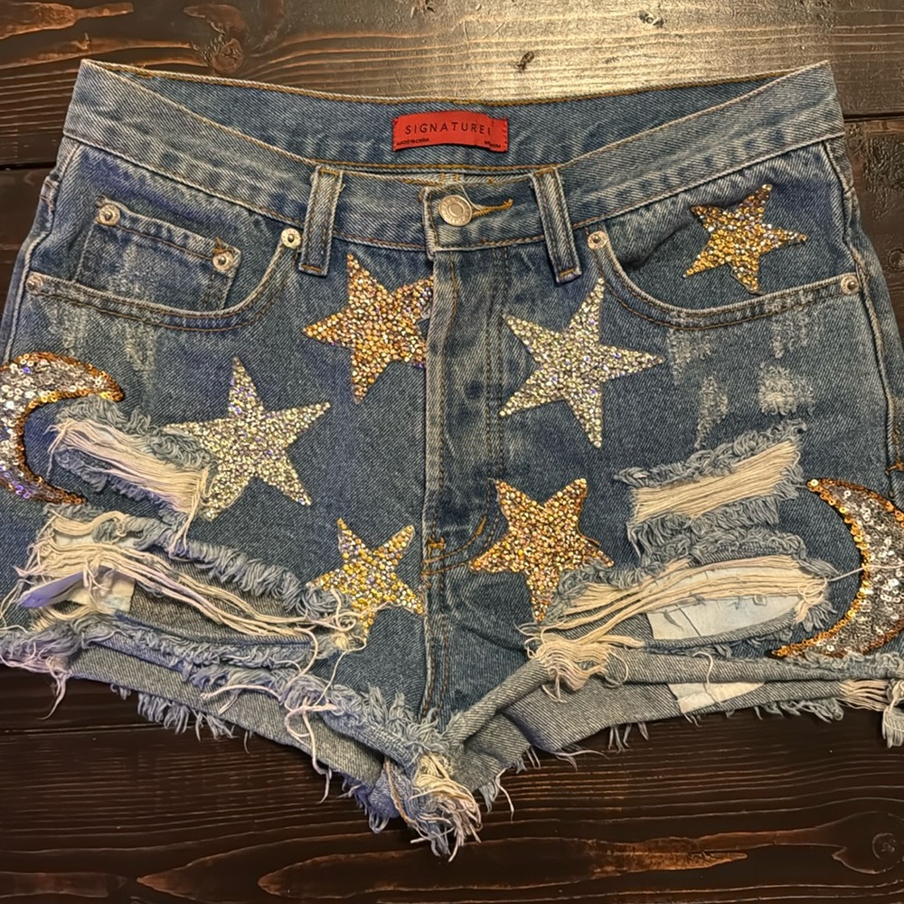 Signature8 Blue Jean Shorts with Gold and Silver Star Accents